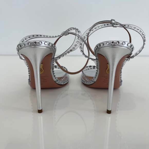AQUAZZURA SILVER PVC LEATHER CRYSTAL SANDALS SIZE IT 38 / US 8 NEW IN BOX! - Picture 15 of 17